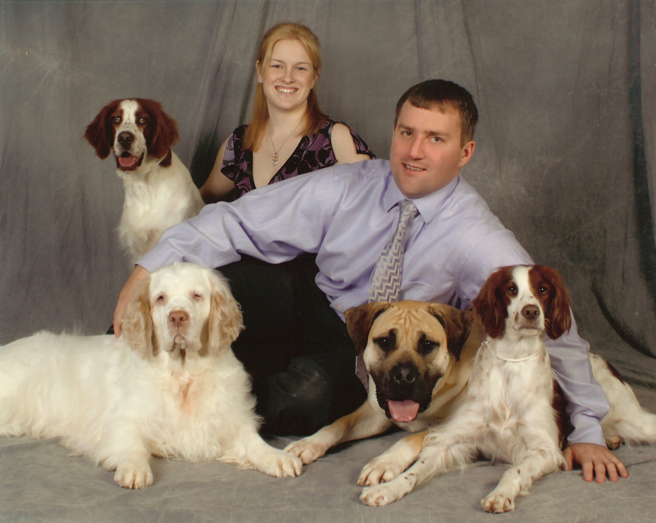 Irish Red and White Setter: Aoife and Arin, Clumber Spaniel: Ella, Boerboel: Piper with Shawn and Kellyn